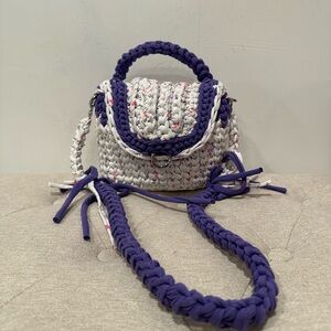 Knitted woven bag in floral white and purple shade handmade